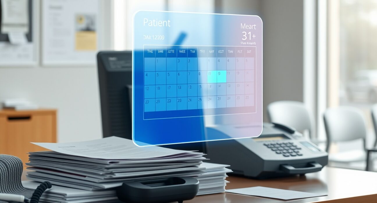 Medical office desk with papers, fax machine, and a glowing digital scheduling interface representing AI-driven referral automation.