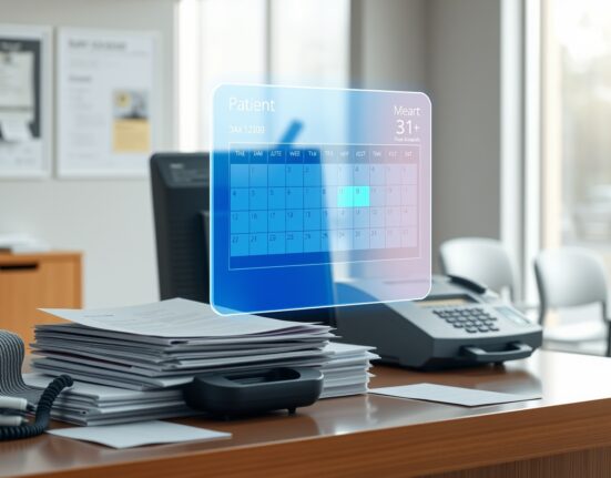 Medical office desk with papers, fax machine, and a glowing digital scheduling interface representing AI-driven referral automation.