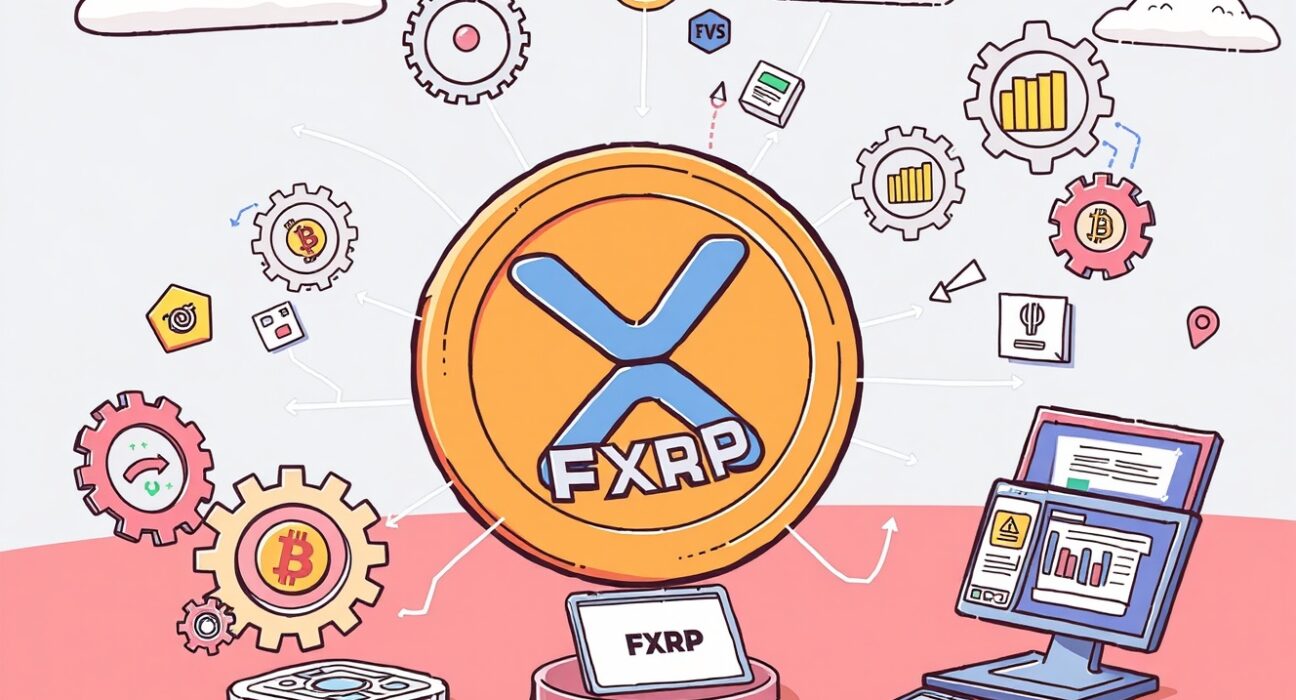 Cartoon illustration showing the FXRP token bridging XRP to various DeFi applications, symbolizing new financial opportunities.