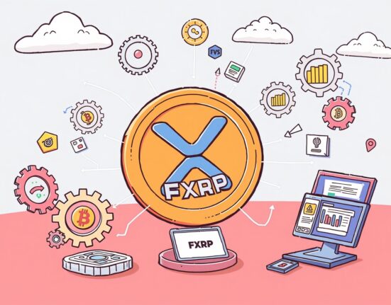 Cartoon illustration showing the FXRP token bridging XRP to various DeFi applications, symbolizing new financial opportunities.