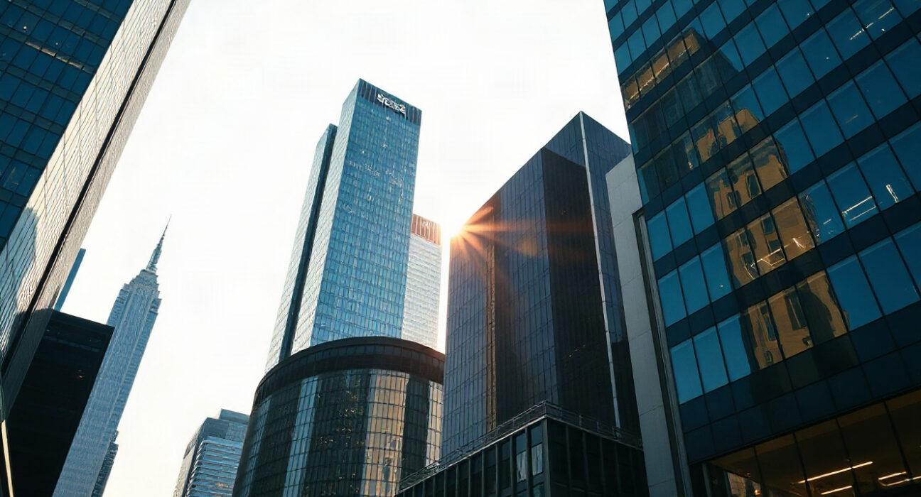 Financial district skyline at dawn symbolizing global economic activity and resilience