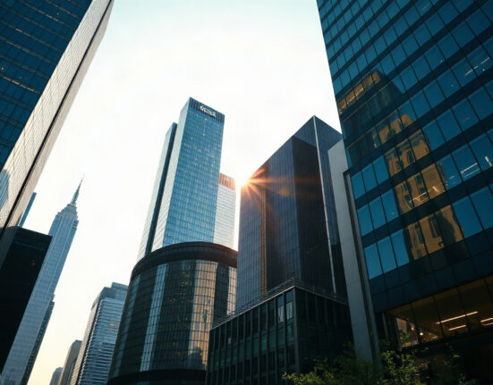 Financial district skyline at dawn symbolizing global economic activity and resilience
