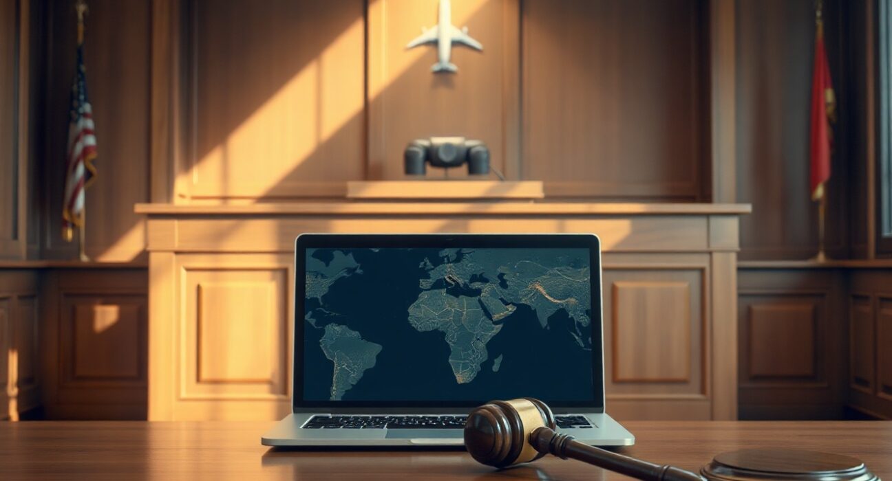 Courtroom scene with laptop showing flight tracking and gavel, representing FlightAware's lawsuit against Kalshi