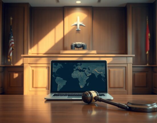 Courtroom scene with laptop showing flight tracking and gavel, representing FlightAware's lawsuit against Kalshi