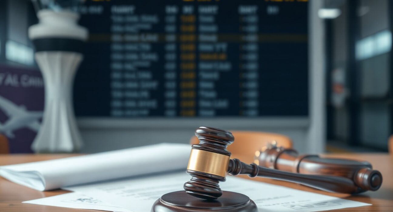 Judge's gavel and legal documents in a courtroom, with a blurred airport background