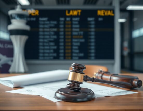 Judge's gavel and legal documents in a courtroom, with a blurred airport background