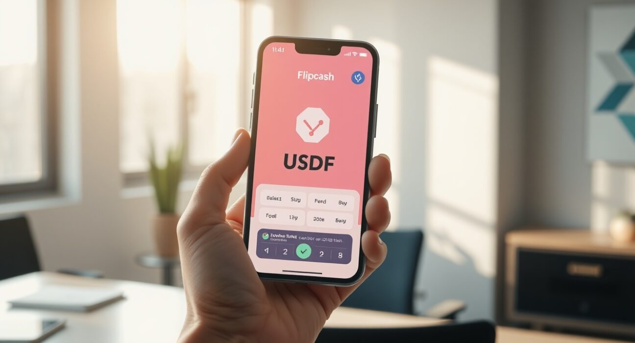 Flipcash app showing USDF stablecoin balance on smartphone in office setting