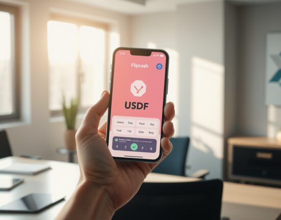 Flipcash app showing USDF stablecoin balance on smartphone in office setting