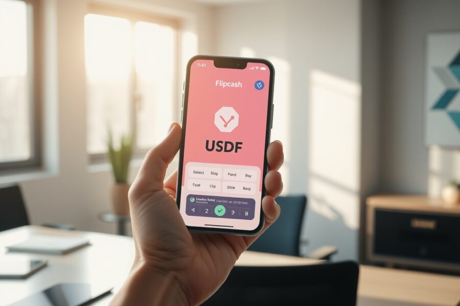 Flipcash app showing USDF stablecoin balance on smartphone in office setting