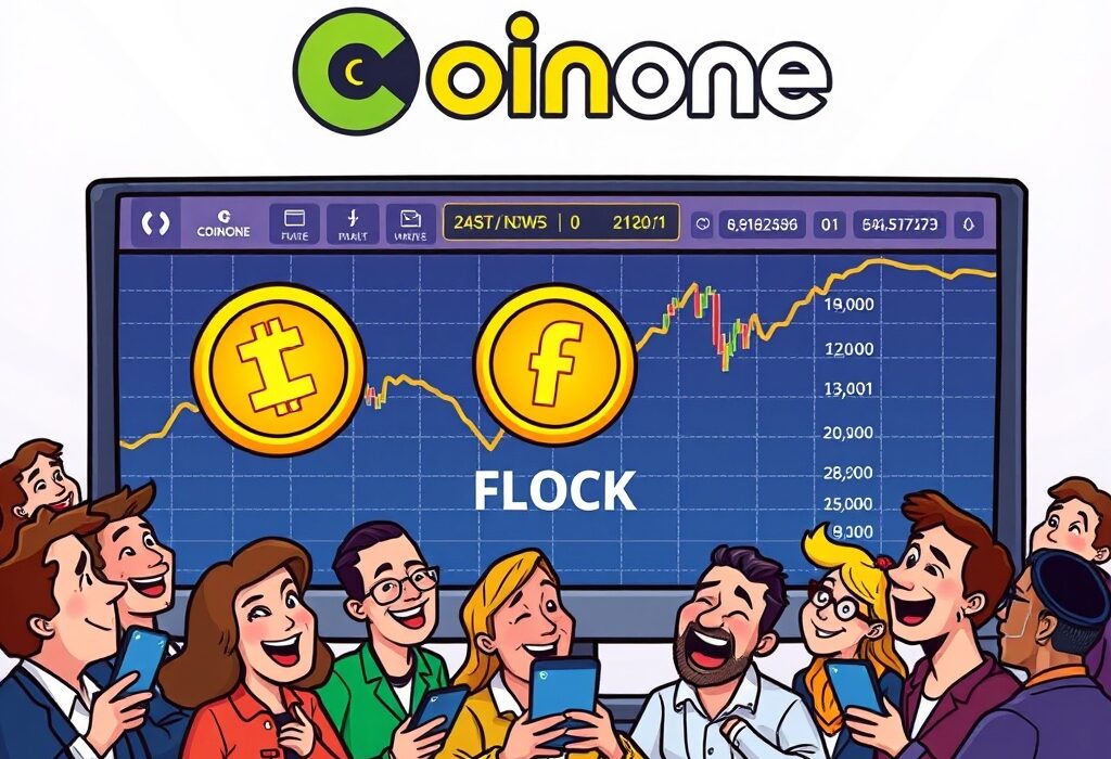 A cartoon illustration showing the excitement and market impact of the FLOCK Coinone Listing on a South Korean crypto exchange.