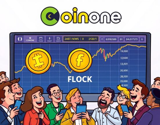 A cartoon illustration showing the excitement and market impact of the FLOCK Coinone Listing on a South Korean crypto exchange.