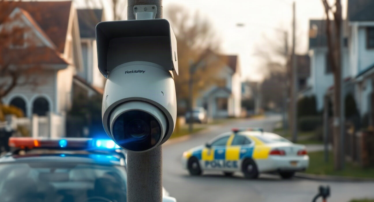 Flock Safety license plate recognition camera mounted on a pole in a residential area