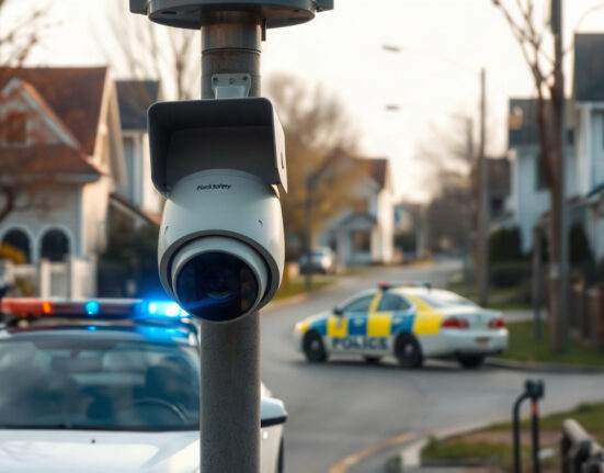 Flock Safety license plate recognition camera mounted on a pole in a residential area