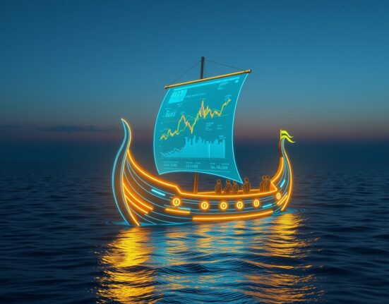 Floki Inu cryptocurrency represented as a futuristic Viking ship sailing toward 2030 market predictions.