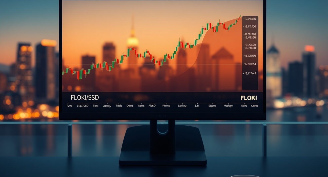 FLOKI price chart on a trading monitor in a modern financial setting