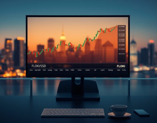 FLOKI price chart on a trading monitor in a modern financial setting