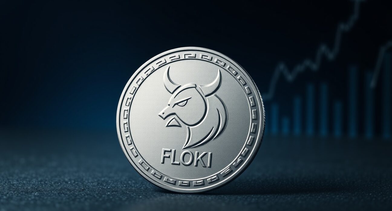 Floki Inu price prediction analysis for 2030 with a stylized FLOKI coin and digital chart background.