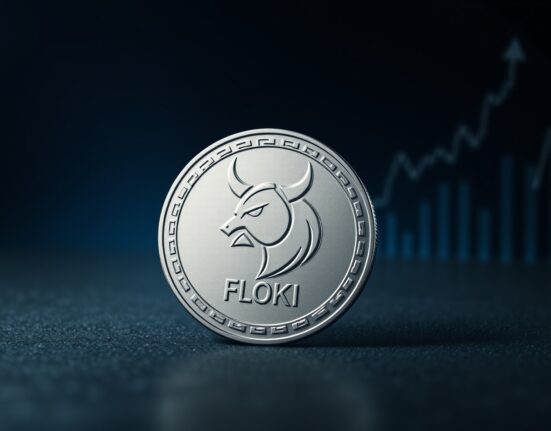 Floki Inu price prediction analysis for 2030 with a stylized FLOKI coin and digital chart background.