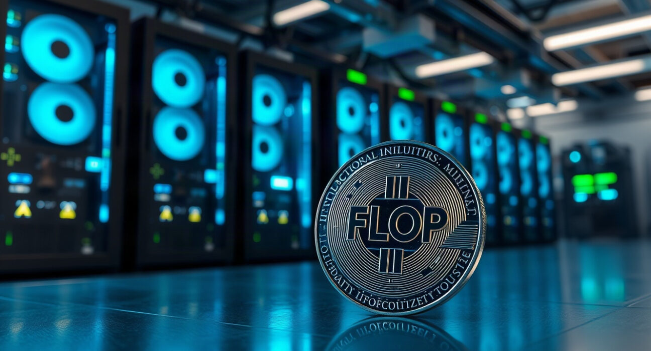 FLOP token coin in front of cryptocurrency mining rigs in a modern facility