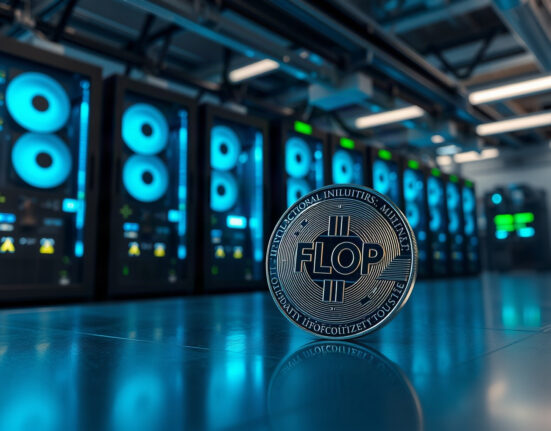FLOP token coin in front of cryptocurrency mining rigs in a modern facility