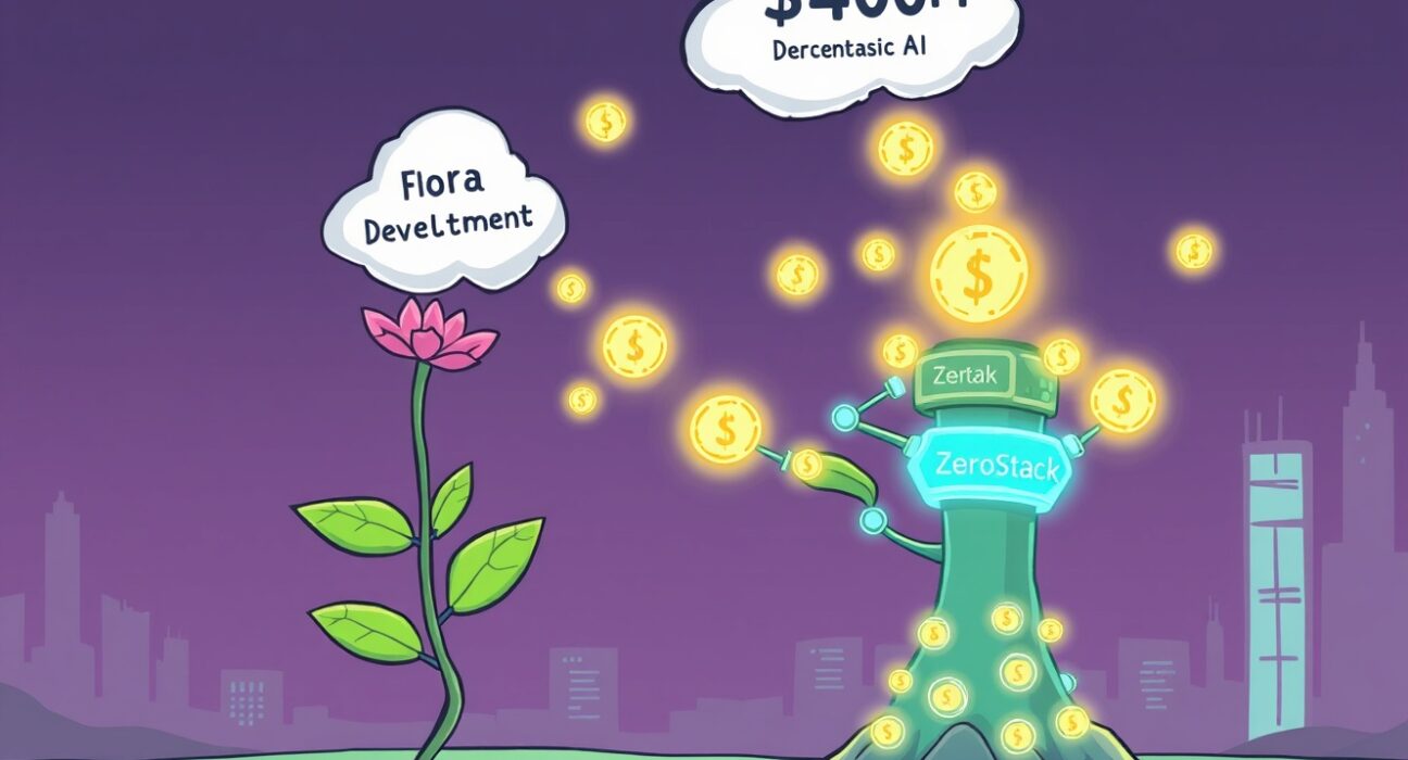 A cartoon illustration showing Flora receiving a substantial Flora 0G investment, transforming into a new entity to power decentralized AI.