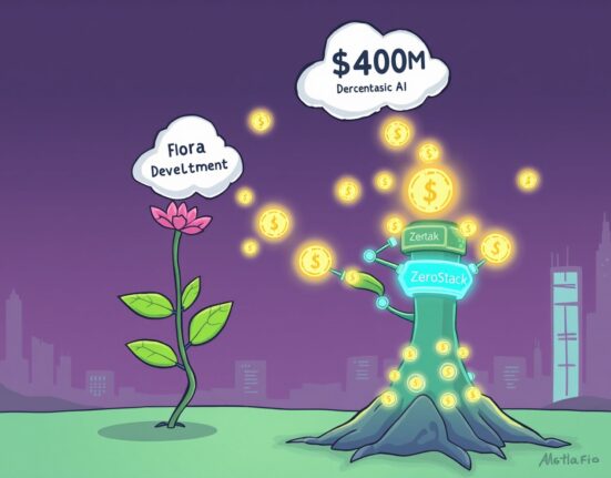 A cartoon illustration showing Flora receiving a substantial Flora 0G investment, transforming into a new entity to power decentralized AI.