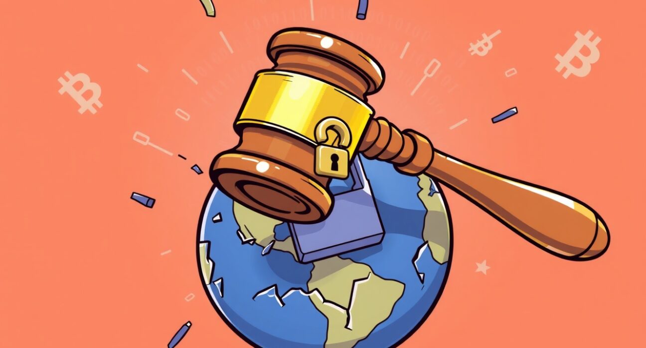 A cartoon gavel striking a digital padlock, symbolizing the explosive Binance lawsuit over a Bitcoin hack.