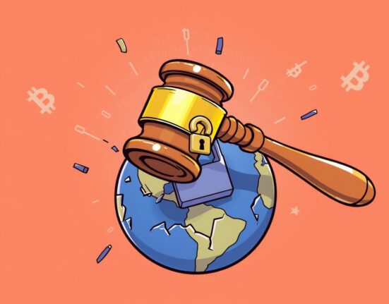 A cartoon gavel striking a digital padlock, symbolizing the explosive Binance lawsuit over a Bitcoin hack.