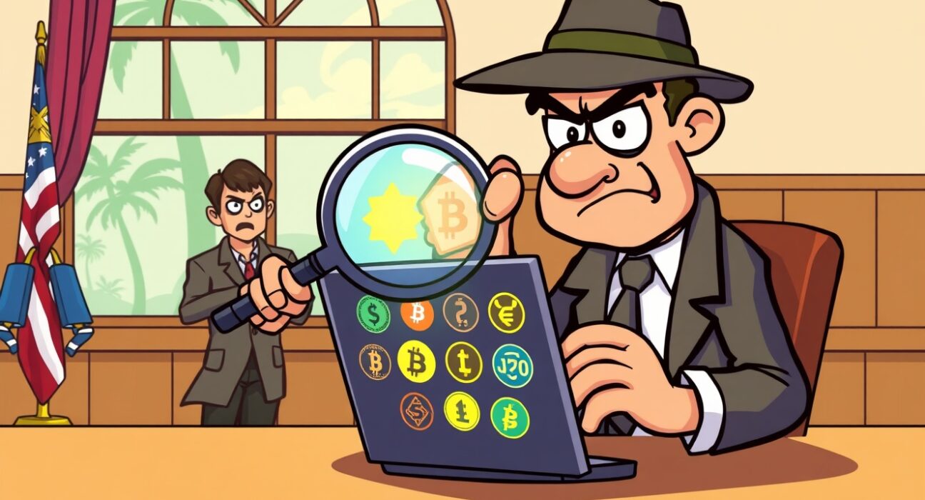 Cartoon illustration of cryptocurrency seizure by Florida law enforcement investigating digital asset fraud