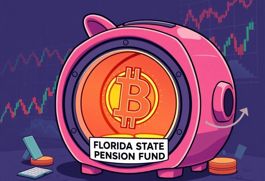 Cartoon showing Florida pension fund indirectly investing in Bitcoin through MicroStrategy stock.