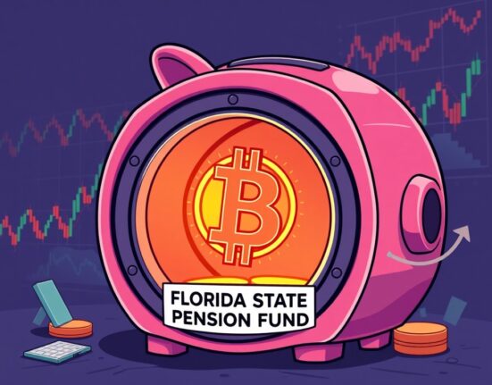 Cartoon showing Florida pension fund indirectly investing in Bitcoin through MicroStrategy stock.