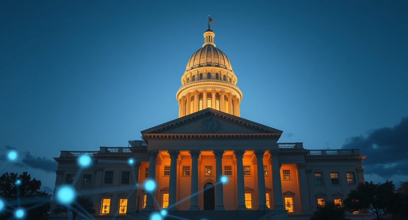 Florida State Capitol building with blockchain visualization representing the stablecoin regulation
