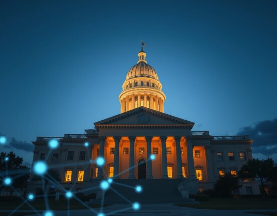 Florida State Capitol building with blockchain visualization representing the stablecoin regulation bill passage