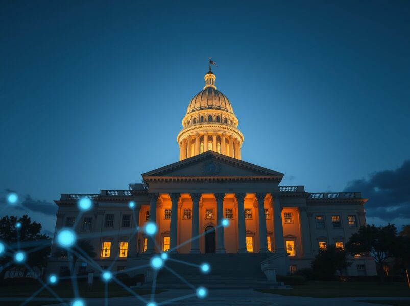Florida State Capitol building with blockchain visualization representing the stablecoin regulation