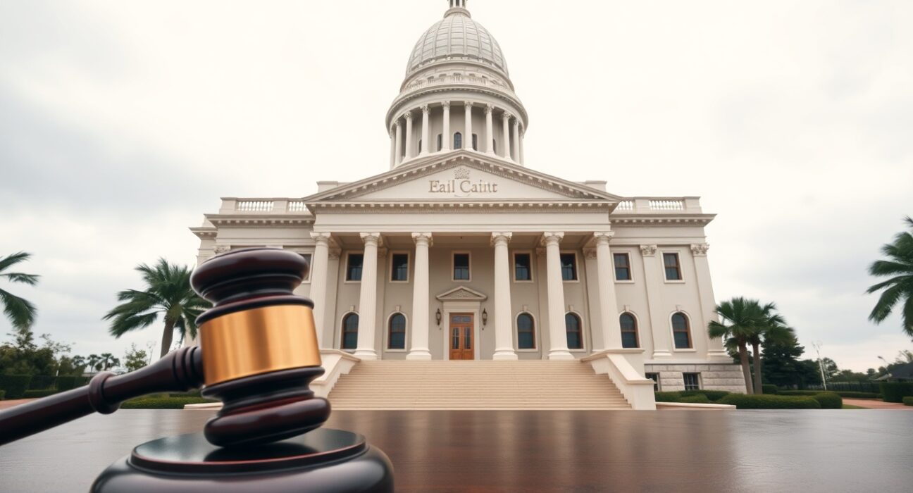 Florida State Capitol building with a gavel in foreground, symbolizing the state's lawsuit against OpenAI