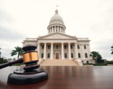 Florida State Capitol building with a gavel in foreground, symbolizing the state's lawsuit against OpenAI