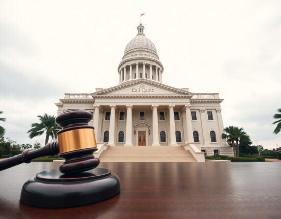 Florida State Capitol building with a gavel in foreground, symbolizing the state's lawsuit against OpenAI