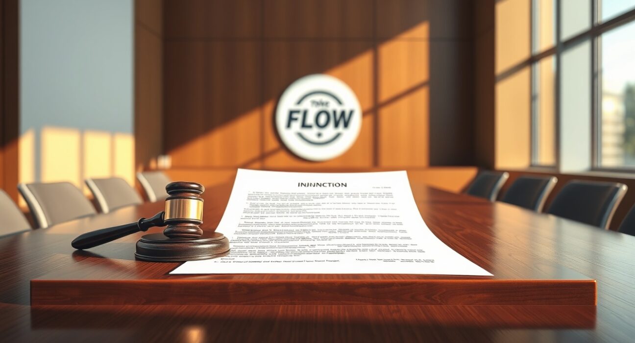 Legal injunction document and gavel representing the Flow Foundation's court action to block FLOW token delisting.