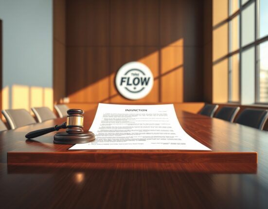 Legal injunction document and gavel representing the Flow Foundation's court action to block FLOW token delisting.