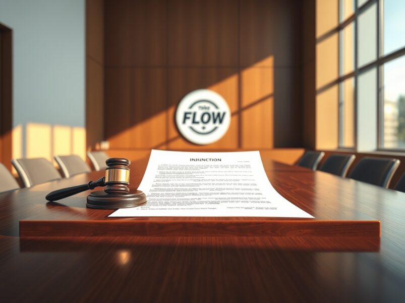 Legal injunction document and gavel representing the Flow Foundation's court action to block