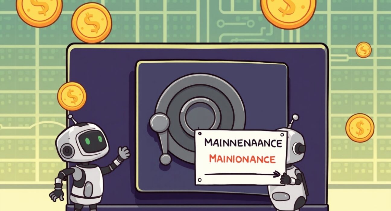 Cartoon robot placing a 'Maintenance' sign on a digital vault, symbolizing the temporary suspension of FLOW deposits and withdrawals by Upbit.
