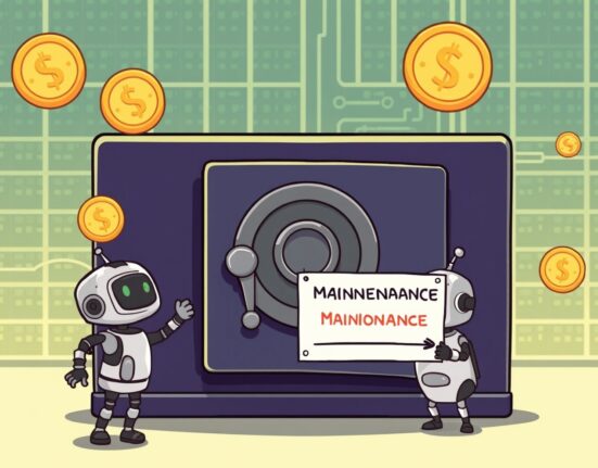 Cartoon robot placing a 'Maintenance' sign on a digital vault, symbolizing the temporary suspension of FLOW deposits and withdrawals by Upbit.