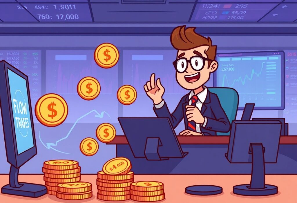 A cartoon illustration showing Flow Traders providing essential liquidity to the PROVE token, ensuring smooth digital asset trading.