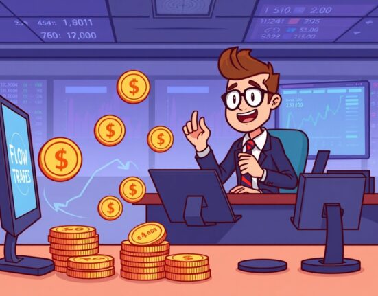 A cartoon illustration showing Flow Traders providing essential liquidity to the PROVE token, ensuring smooth digital asset trading.