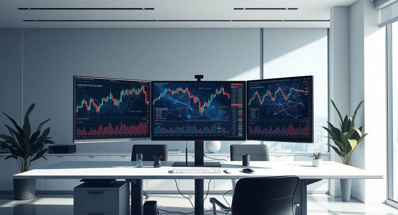 Professional cryptocurrency trading desk showing institutional crypto transfer activity and market analysis screens.