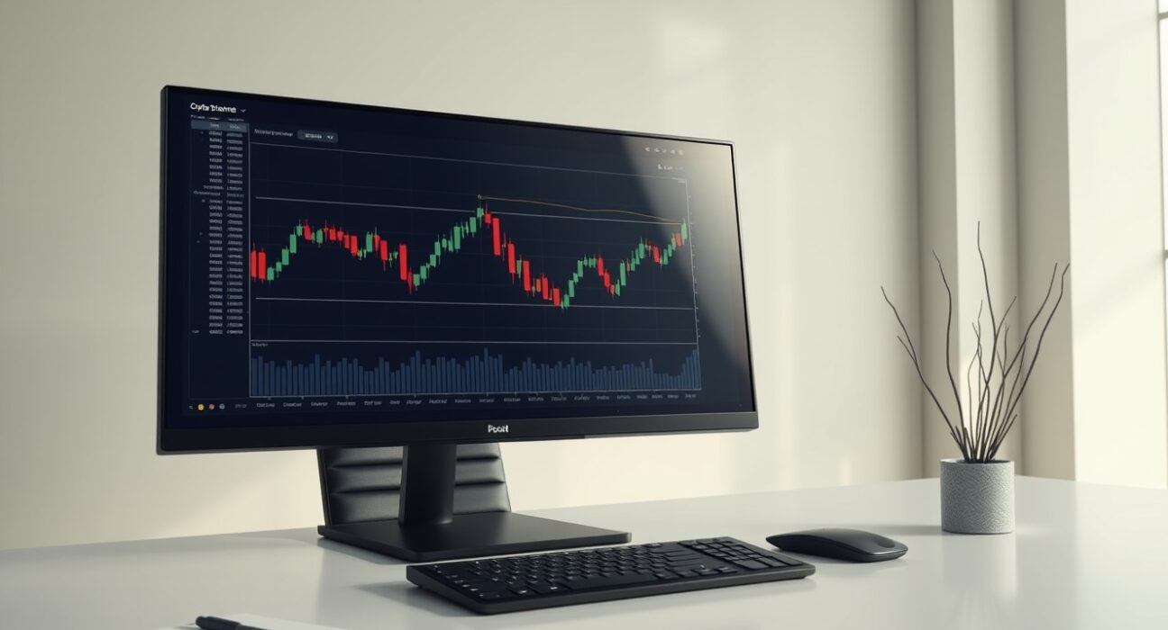 Professional trading desk monitor showing cryptocurrency charts, representing Flowdesk's market activity.