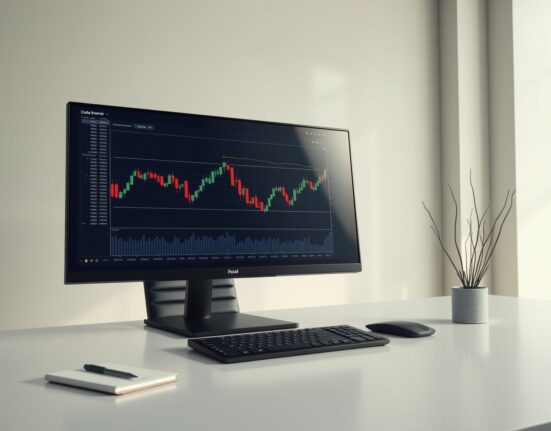 Professional trading desk monitor showing cryptocurrency charts, representing Flowdesk's market activity.