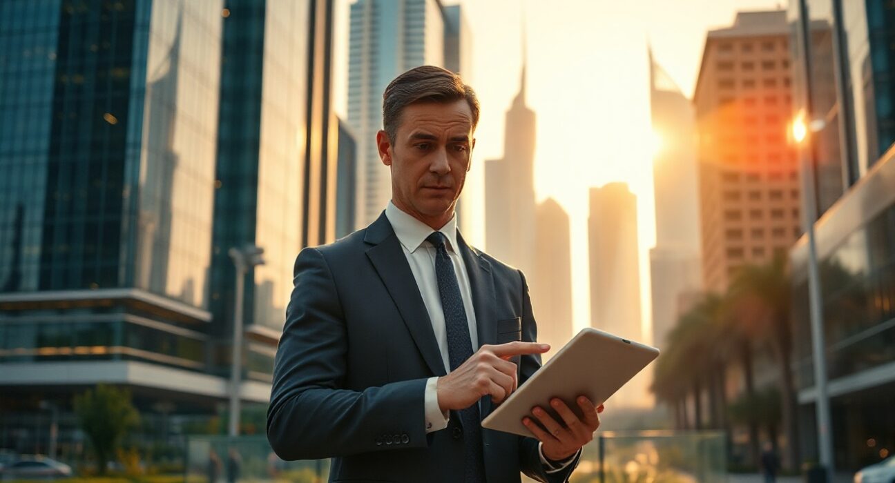 Financial analyst reviewing data in Dubai's financial district, representing Flowdesk's new regulatory approval.