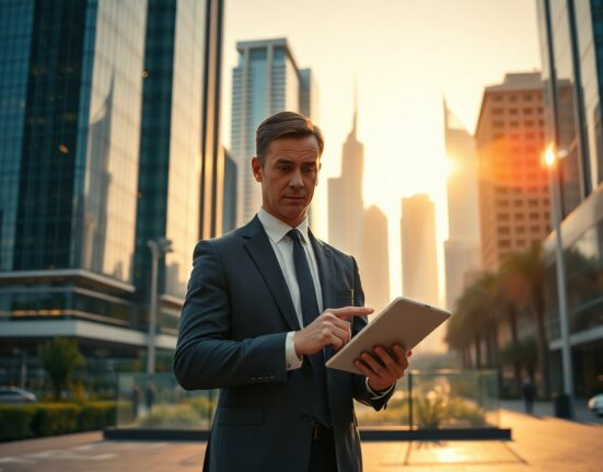 Financial analyst reviewing data in Dubai's financial district, representing Flowdesk's new regulatory approval.