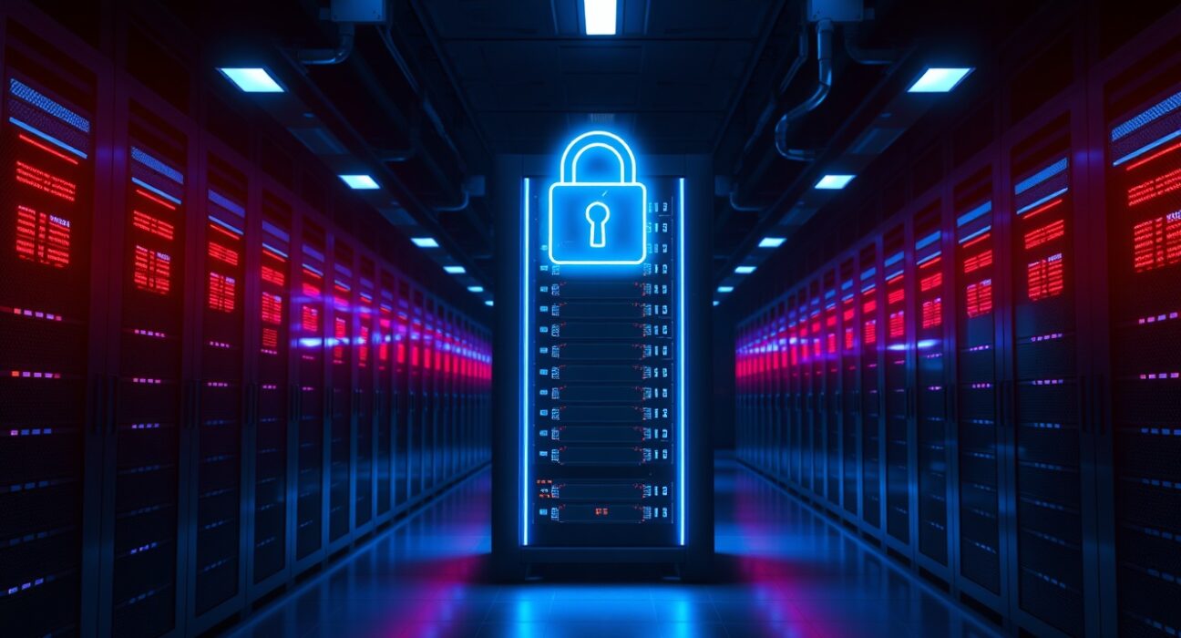 A dark server room with a glowing broken lock icon over a server rack, representing a security breach in a DeFi protocol.